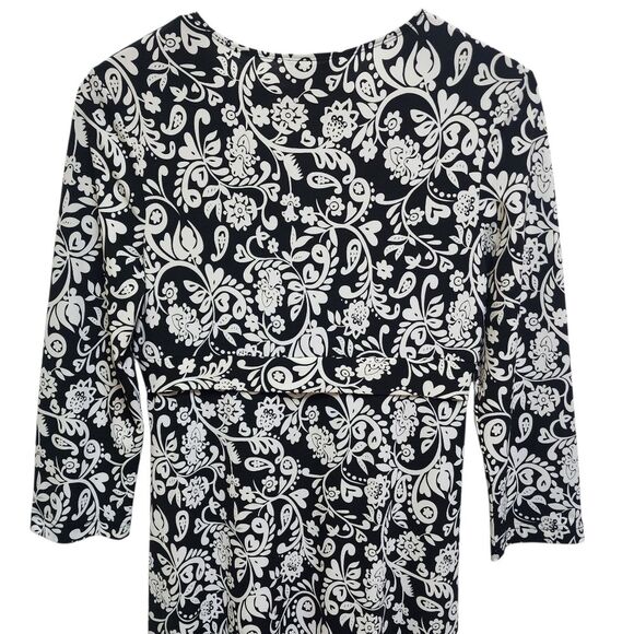 Isadora Dress Sz 8 Black White Paisley V Neck Jersey Knit Flare Midi Stretch - Picture 5 of 9